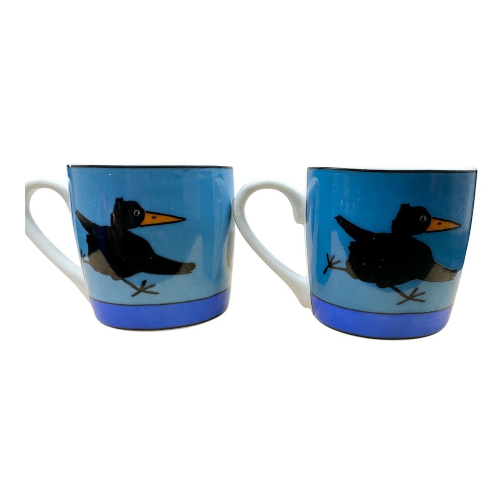 2 KONITZ ESPRESSO Cup CROW on BLUE HAND PAINTED