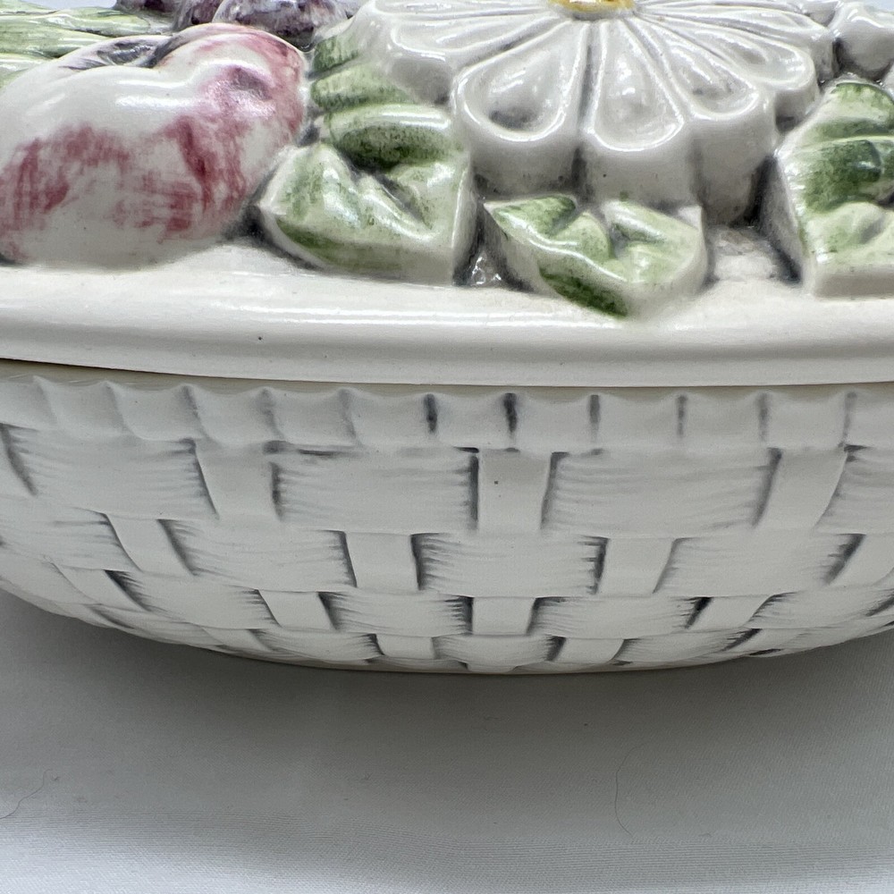 Candy Dish Ceramic Lidded Dish Hand Painted & Signed Weaved Bottom VTG Fruit