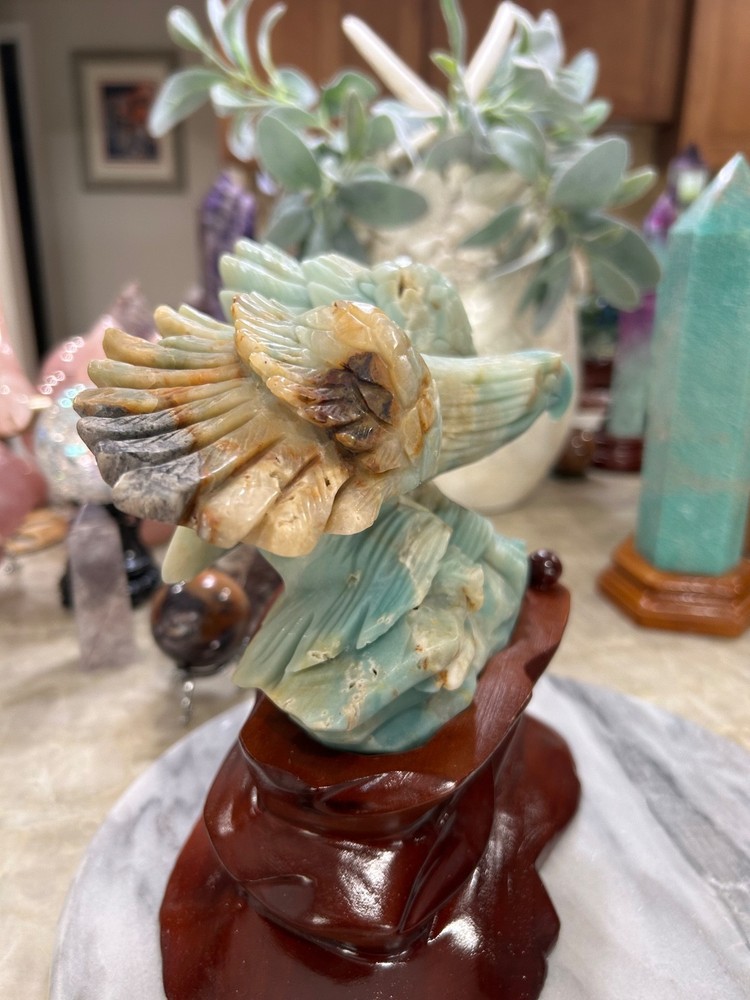 Amazonite Eagle hand carved on custom wood stand