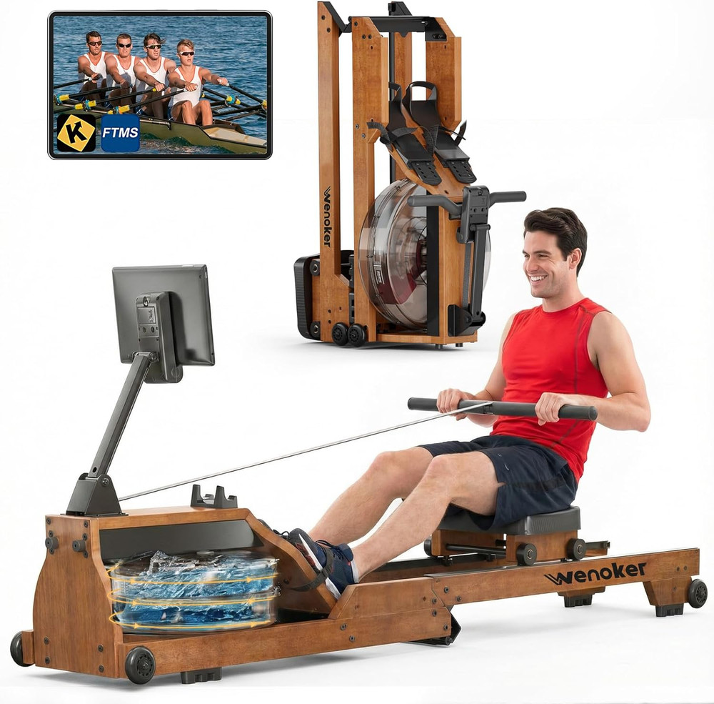 Water Rowing Machine for Home Use, Foldable Wooden Rower Machine with Adjustabl