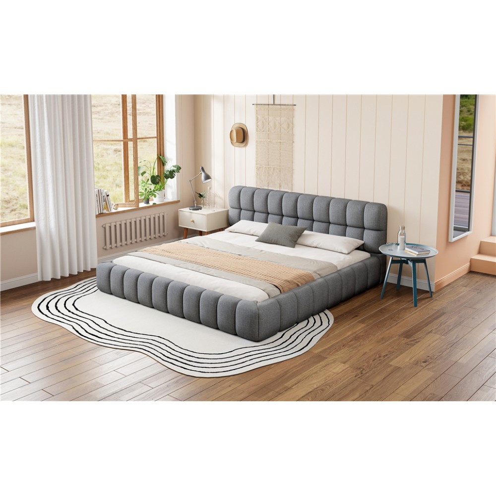 King Upholstered Platform Bed w/ Solid Wood Frame, Gray Linen, 2000lbs Support