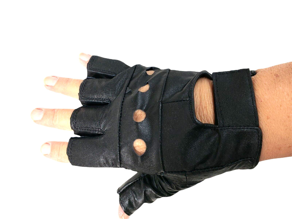 Bikers Black Leather Cycle Gloves Fingerless Size Medium Womens