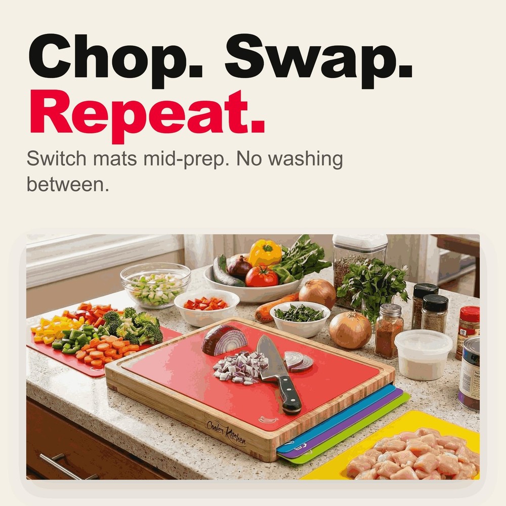 Best Cooler Kitchen Bamboo Cutting Board Set with 6 Color Coded Flexible Plastic