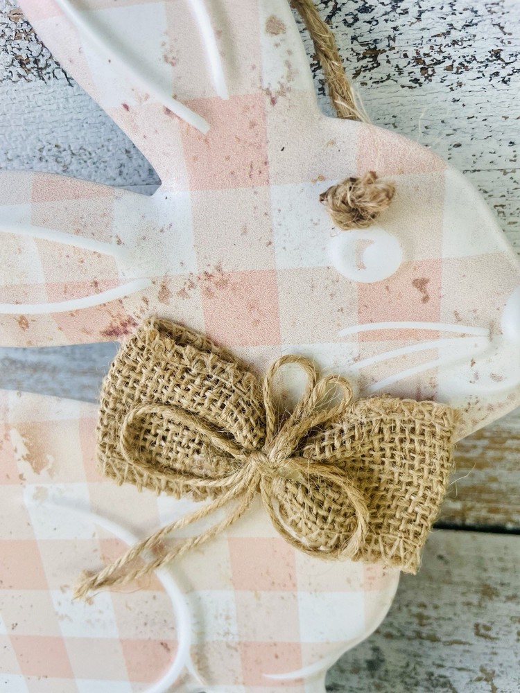Spring Peach Gingham Hanging Metal Bunny