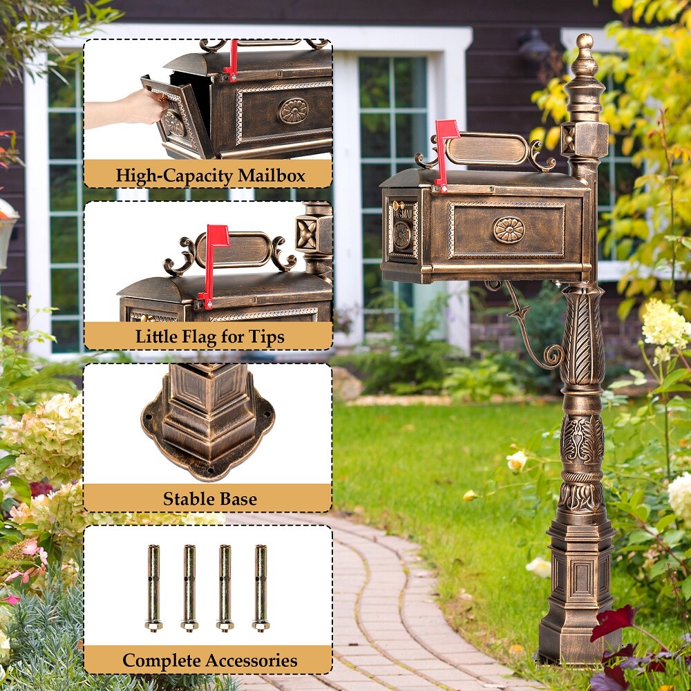Decorative Mailbox with Post Cast Aluminum Postal Mail Box with Address Plaque