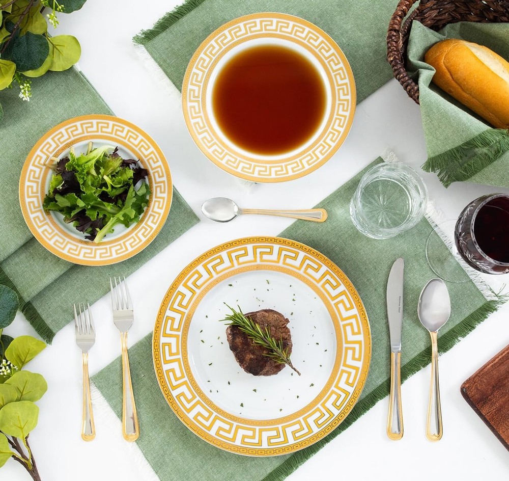 Dinnerware Set Service for 4 - White/Gold Greek Key Inspired Design Tableware