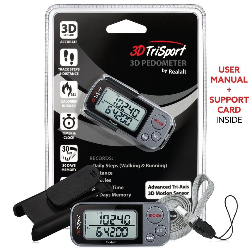 WALKING 3D PEDOMETER with Clip Strap Step Counter 30 Days Memory Black REALALT