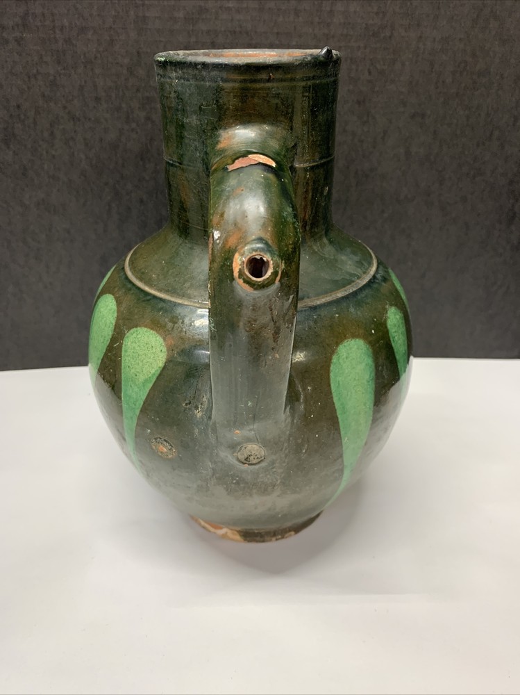 Vintage Antique Green Large Dripware Handled Pitcher Russian Pottery Marked