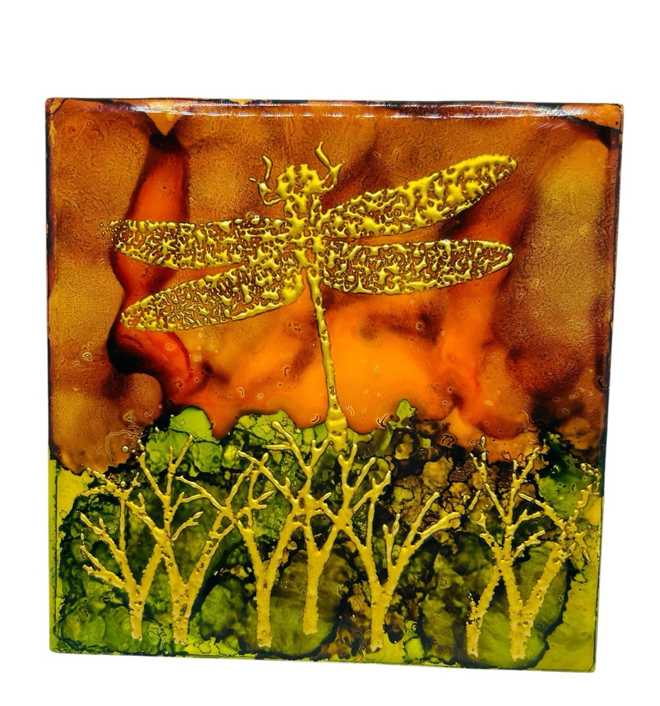 Dragonfly Trivet Ceramic Tile Hand Painted Deb Beger 6” Art Pottery