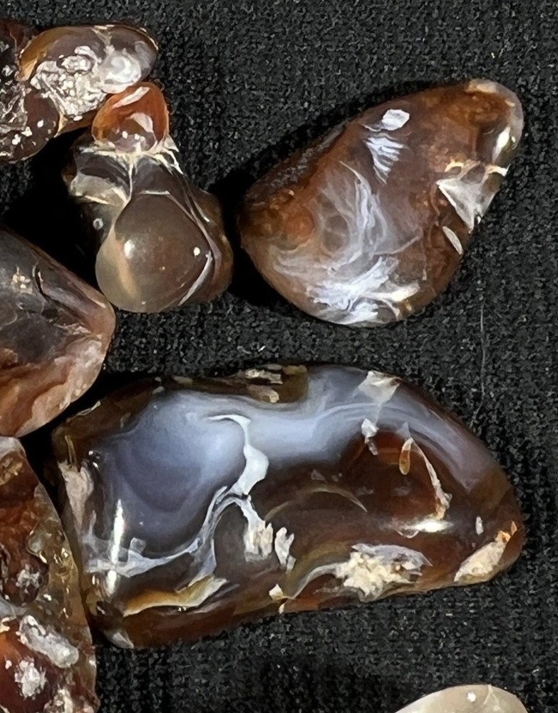 Fire Agate Polished 75.4 g 10 in lot Mexico, some fire/patterns, need work