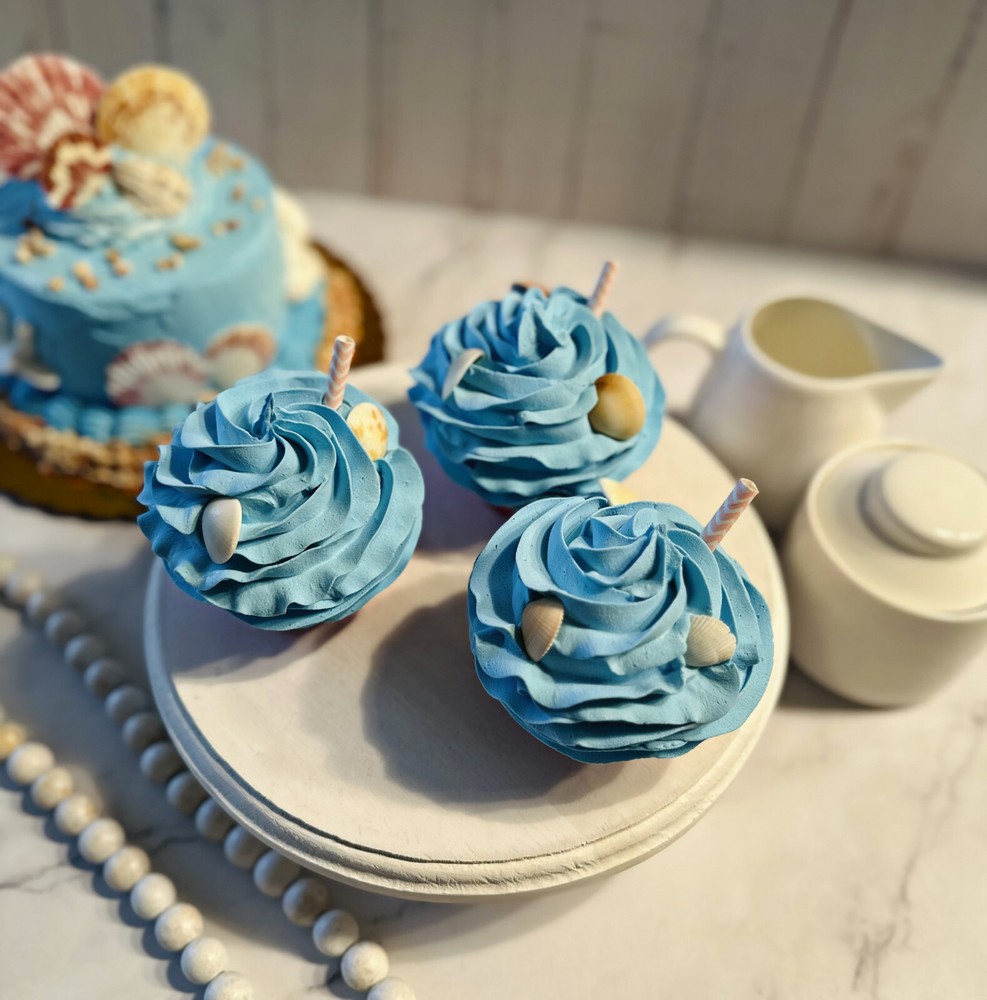 DEZICAKES Fake Cupcake Artificial Food Blue Seashell Shell Cupcake