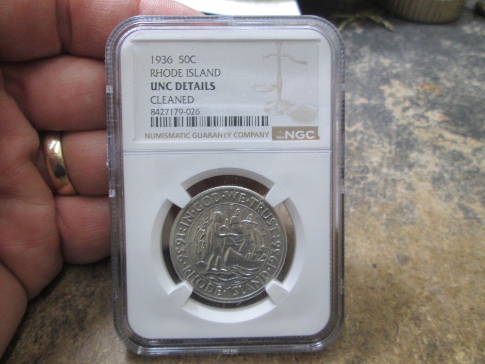 1936 RHODE ISLAND COMMORATIVE HALF DOLLAR I NGC UNCIRCULATED CONDITION CLEANED
