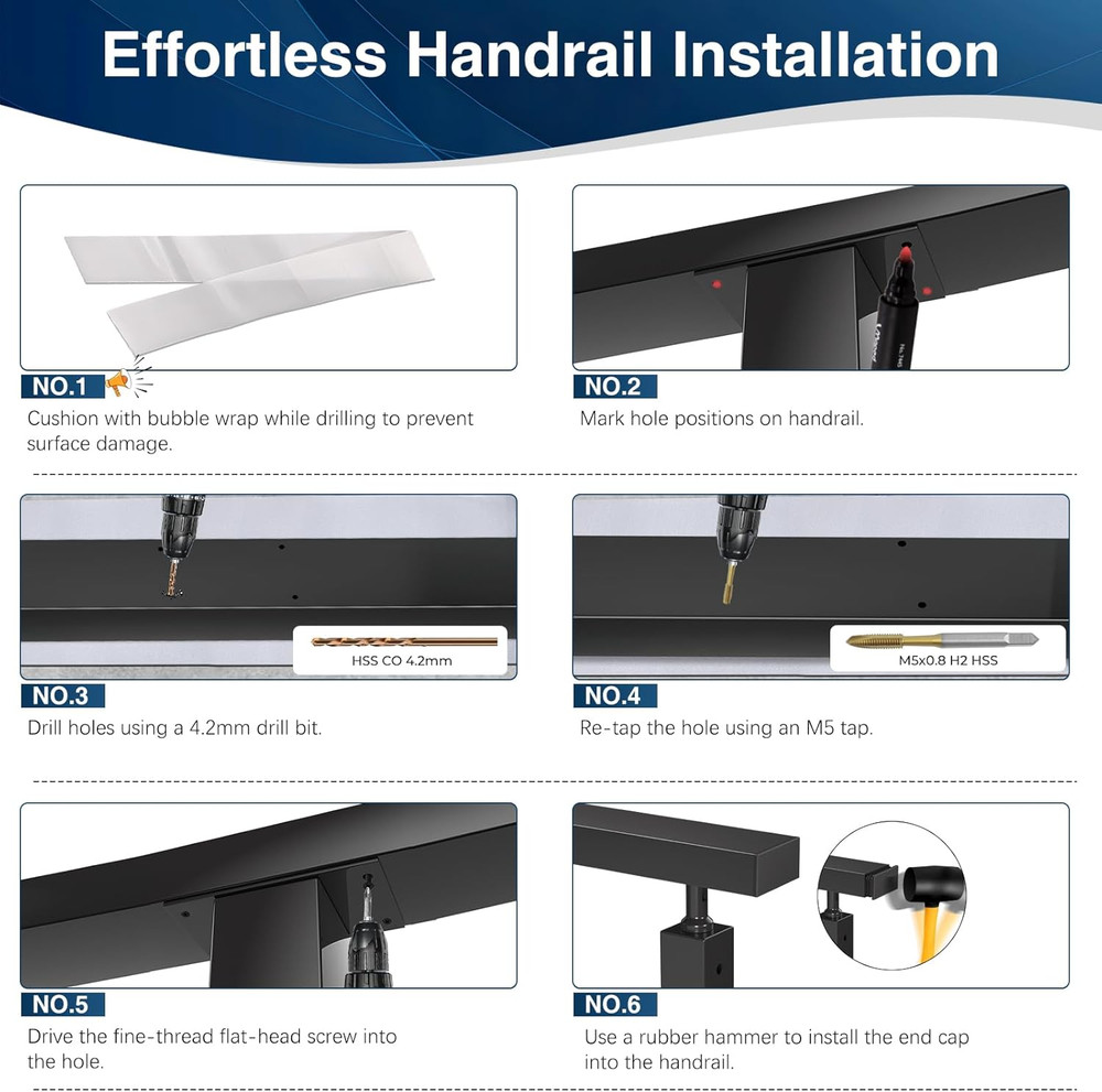 10FT Black Stainless Steel Handrail - 4 Pack for Cable Railing System