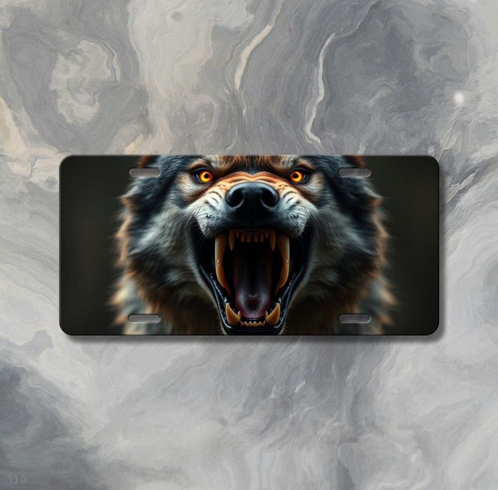 Aggressive Wolf License Plate Snarling Design Customizable Front Plate Anniversa