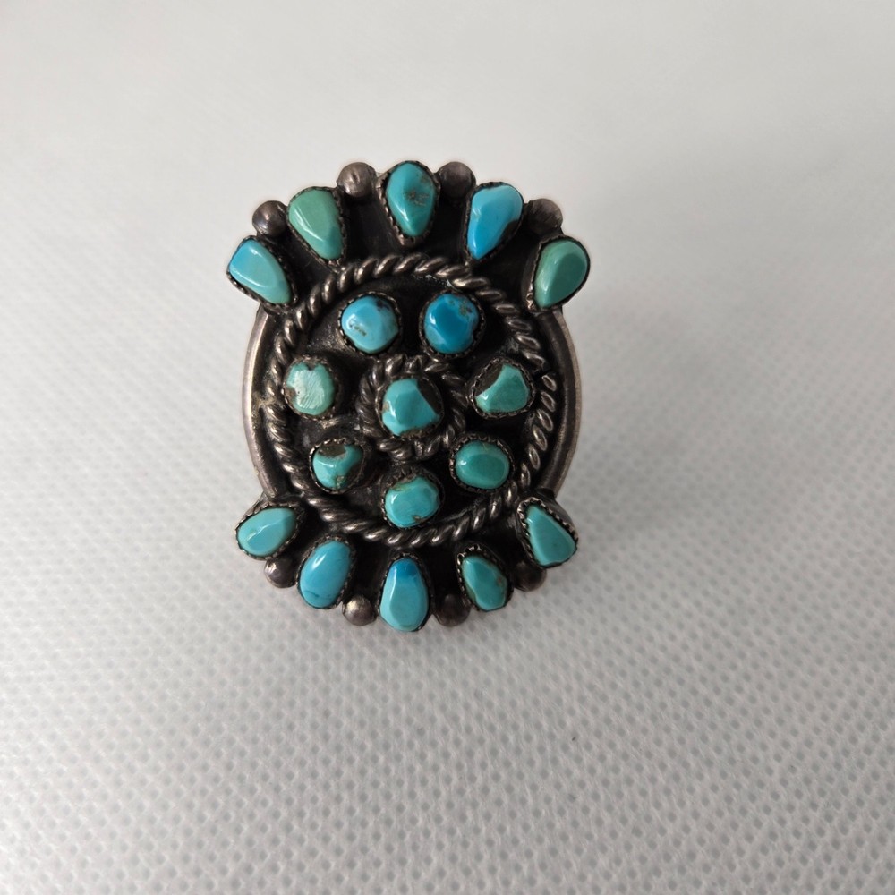 Vintage Navajo‑Style Sterling Silver Turquoise Cluster Ring