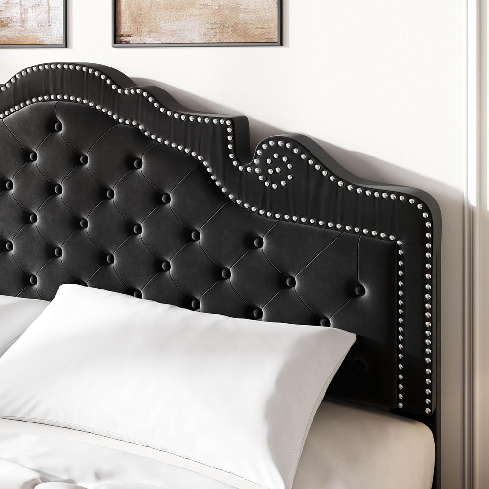 King Size Platfrom Bed Frame with Adjustable Headboard/Velvet Upholstered Diamon