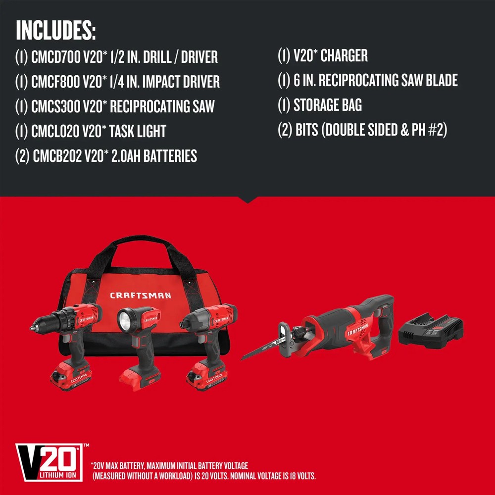 Craftsman V20 Max 4-Tool Power Tool Combo Kit with Soft Case - Black/Red...