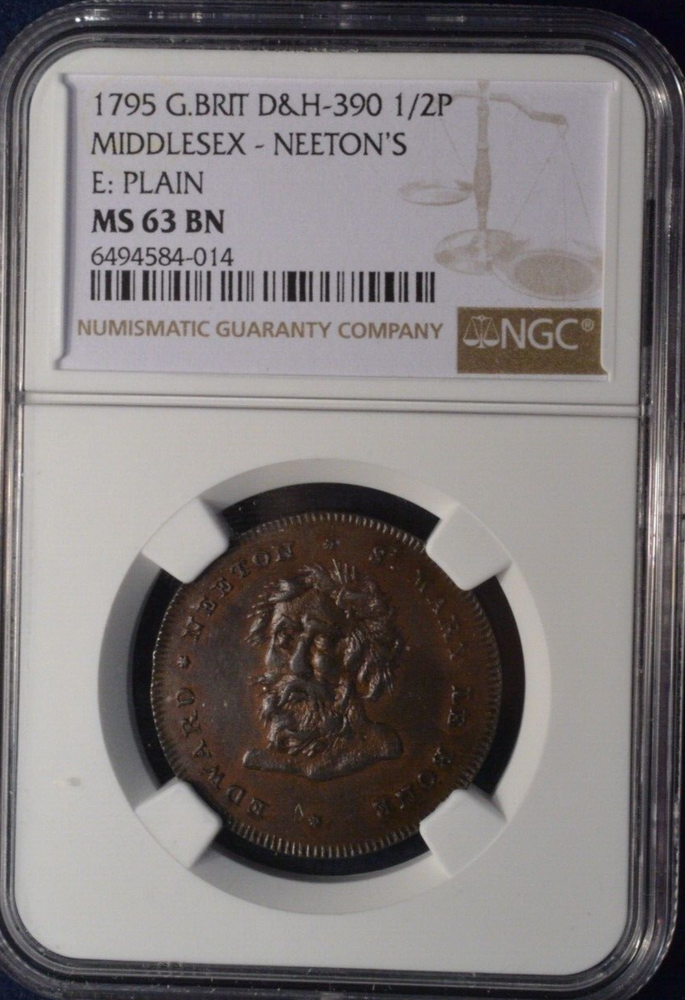 1795 G.Brit D&H-390 1/2P Middlesex-Neeton's E: Plain NGC MS63BN