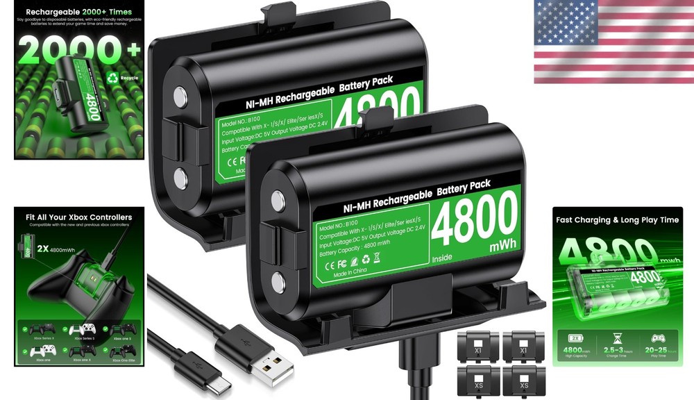 Dual 4800mWh Xbox One Controller Battery Pack & USB-C with LED Charge Indicator