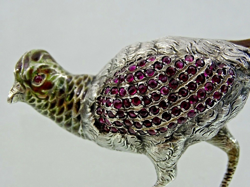 ANTIQUE AUSTRIAN Vienna SILVER ENAMEL MINIATURE BIRD PHEASANT gemset real ruby