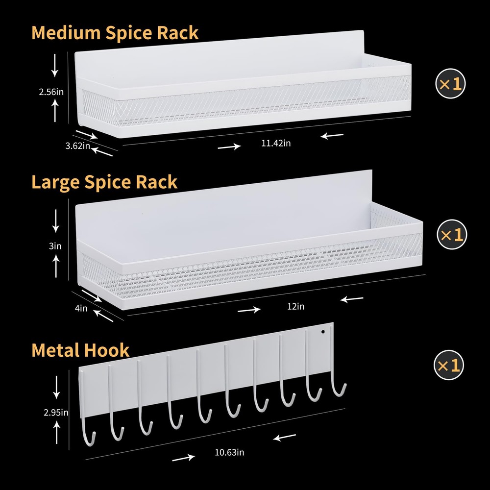 Rixordd 3-Pack Magnetic Spice Rack for Refrigerator, Moveable Shelf White