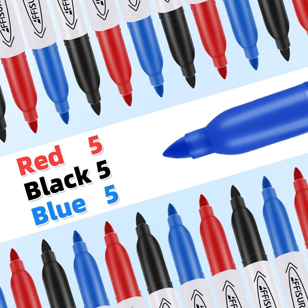 Permanent Markers, Black, Blue, Red, 15 Pack, Fine Point - Smudge Proof