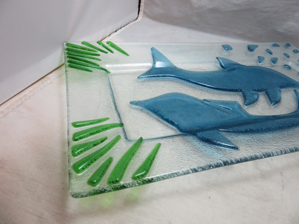 Fused art glass serving platter with Dolphins