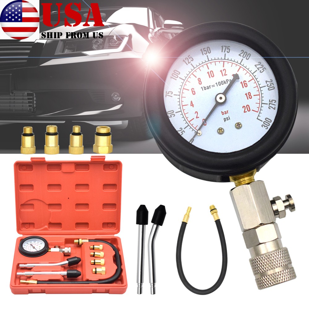 Petrol Engine Cylinder Compression Tester Gauge 0-300Psi Tool Box Adapter X1