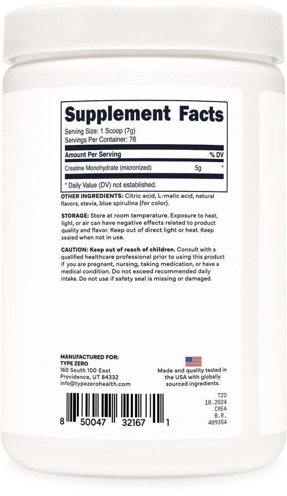 TypeZero Creatine Monohydrate Powder 500 Grams, Blue Raspberry Flavor