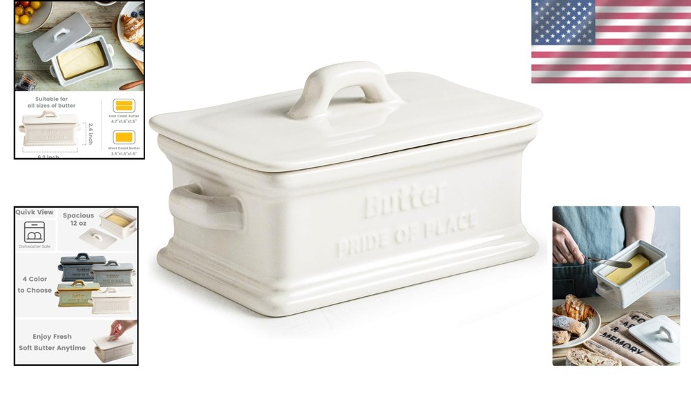 Elegant Ceramic Butter Dish with Lid - Dishwasher Safe, White Rectangular Keeper
