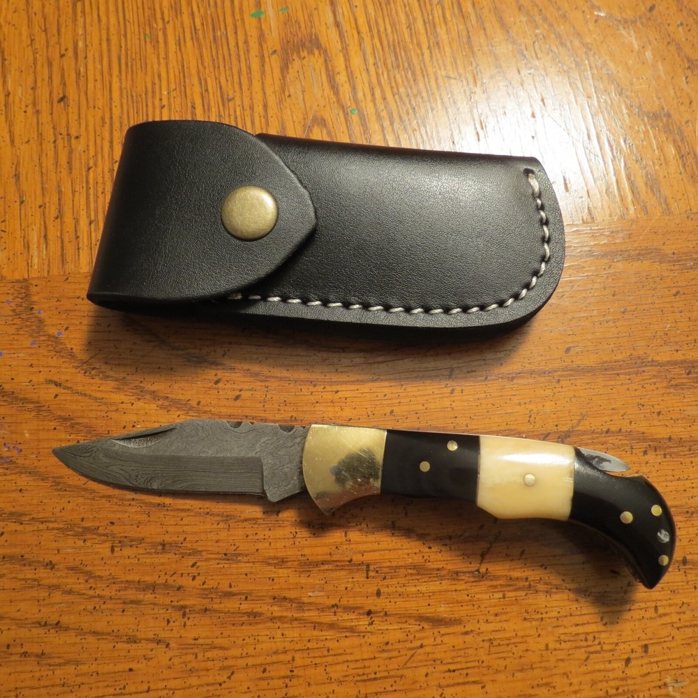 Damascus folding blade knife w/ two tone bone handle & leather sheath hand made