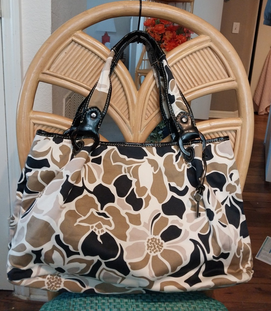 Fossil Large Canvas Black White Tan 2 Handle Shoulder Bag Black Straps EUC