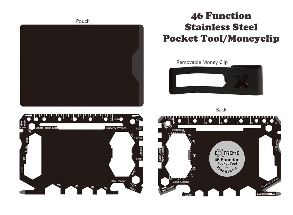 46 Function Credit Card Sized Survival Multitool with Removable Money Clip