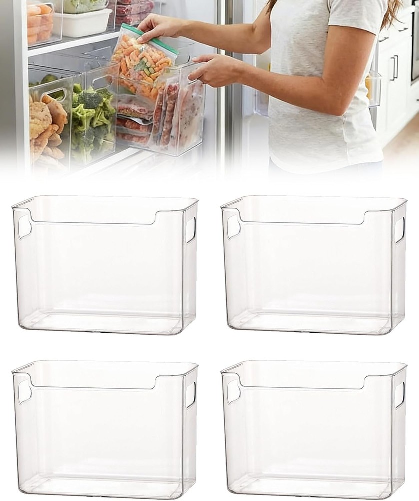 Crystal Clear Freezer Storage Bins - 4 Pack Clear Plastic Bins，Kitchen Organizer