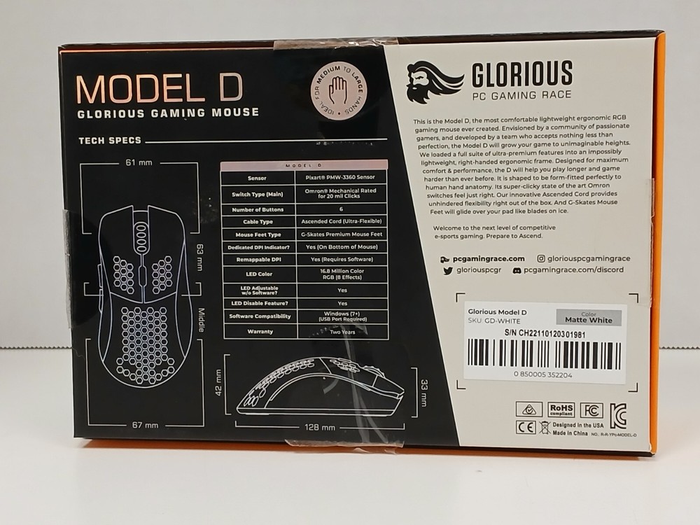Glorious Model D Wired Gaming Mouse 68g , Matte White