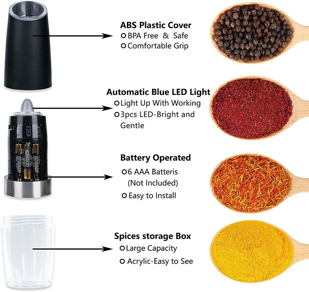 Electric Mill Salt & Pepper Grinder Gravity Sensor Stainless Steel One Hand Held