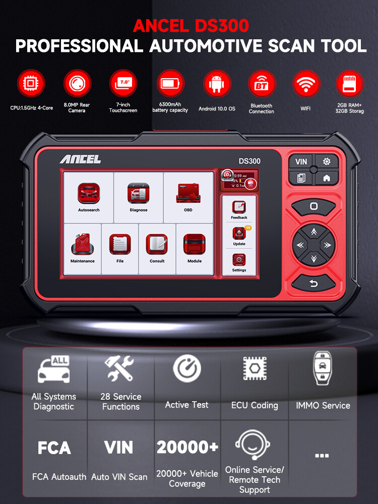 ANCEL DS300 Bidirectional Tool OBD2 Scanner Diagnostic FCA Autoauth ECU Coding