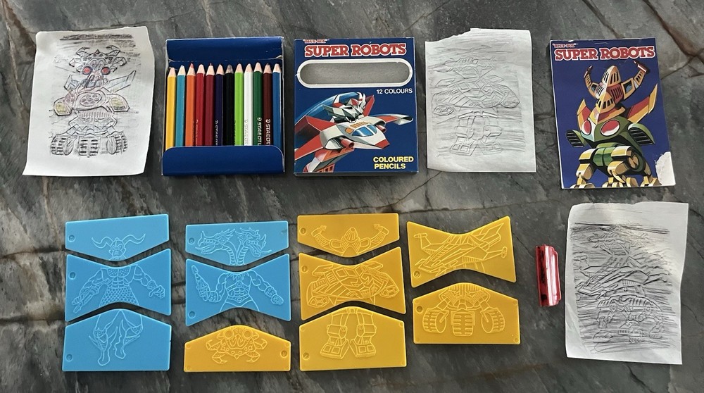 Blue Box Super Robots Stencils And Colored Pencils “SEE PICS”