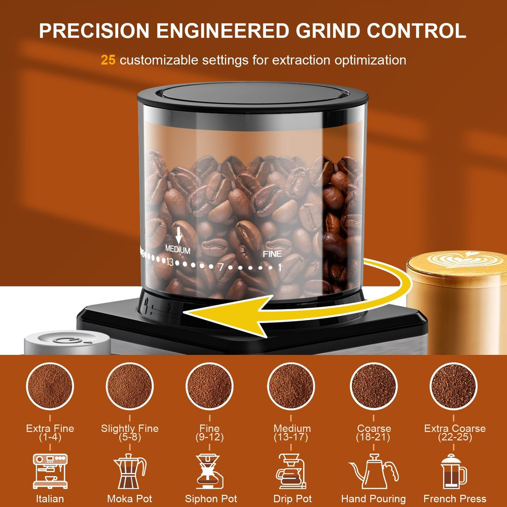 Conical Burr Coffee Grinder Electric - 200W Compact Automatic Coffee Bean Grinde