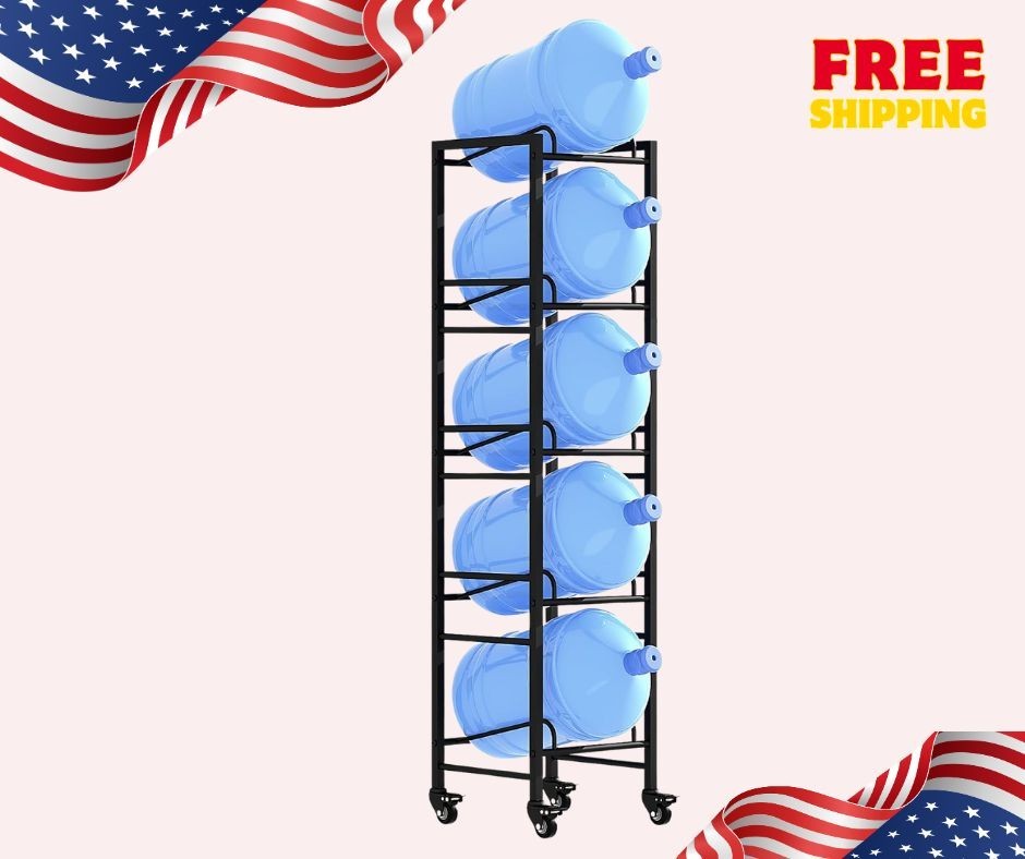 5-Tier Water Jug Holder Rack with Wheels, Heavy-Duty 5 Gallon Storage Stand
