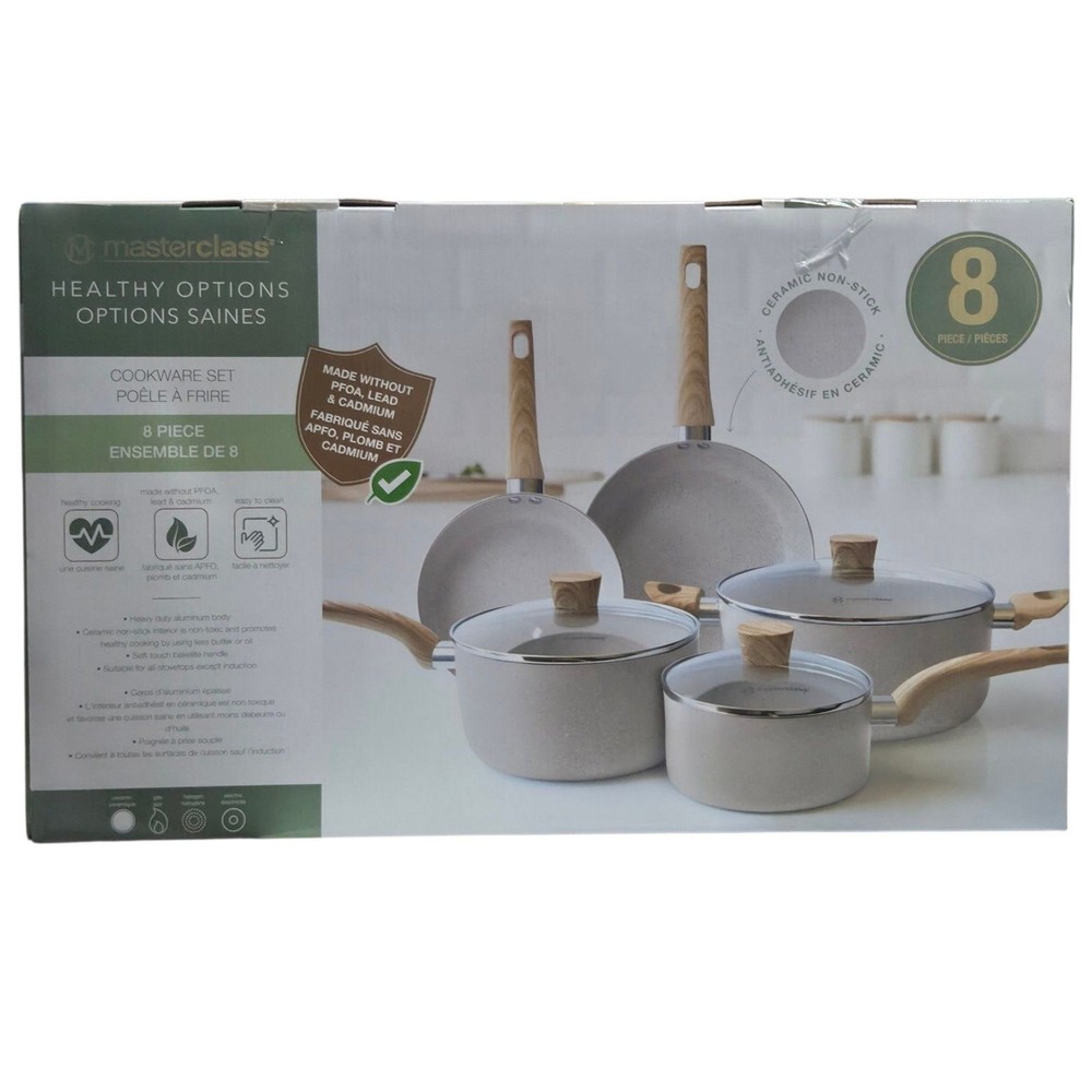 Masterclass 8pc Ceramic Nonstick Cookware Set Pots And Pans Cream Not Induction
