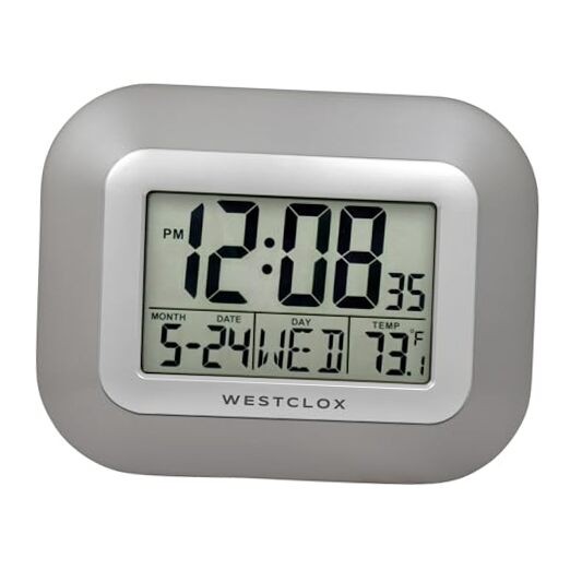 Large Digital Wall Clock with Date, Day & Temperature – Battery 9" Silver