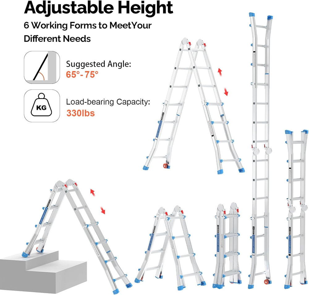 4-Step Telescoping Ladder, 17ft Reach, 330lbs Capacity, Wheels & Flared Legs