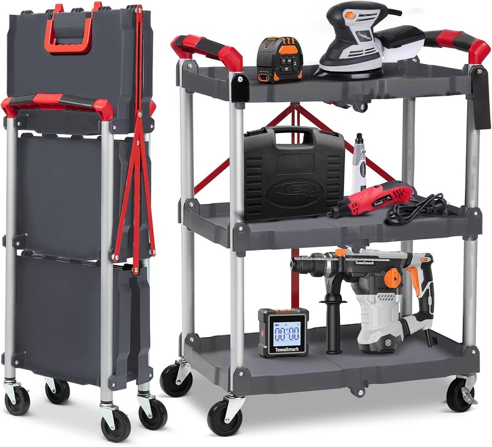 3-Tier Rolling Cart w/Lockable Wheels Foldable 56Lbs Per Shelf Utility Organizer