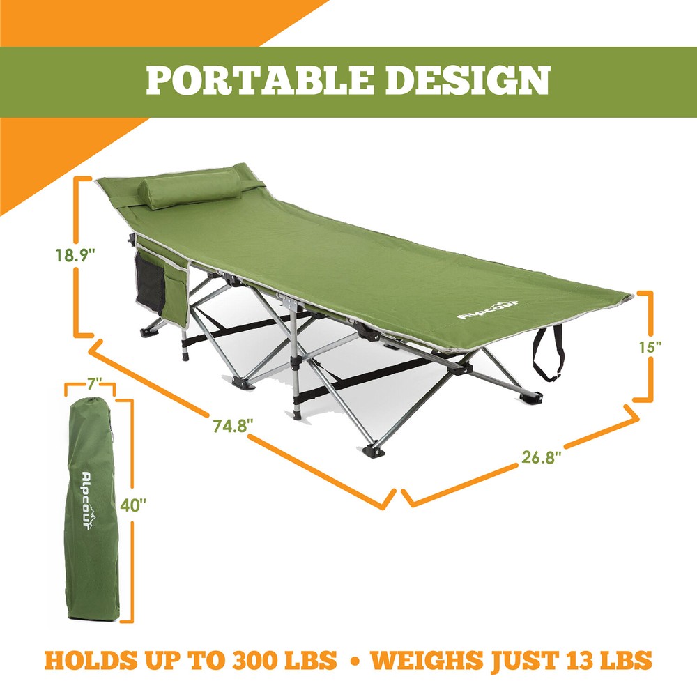 Alpcour Folding Camping Cot - Compact Single Person Bed w/ Pillow & Side Pocket