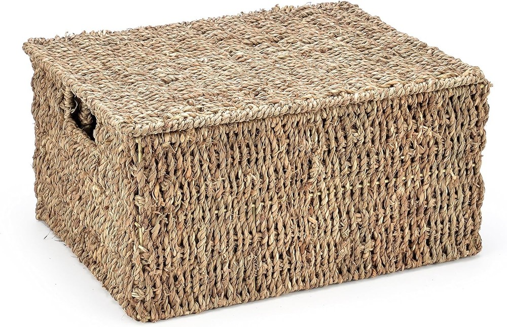 Stylish Storage Solution: Set of 3 Rectangular Seagrass Baskets with Lids