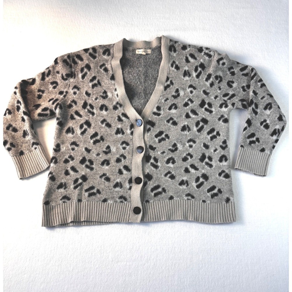 Everyly Grey Leopard Print V-Neck Button Front Cardigan Sweater Womens Medium
