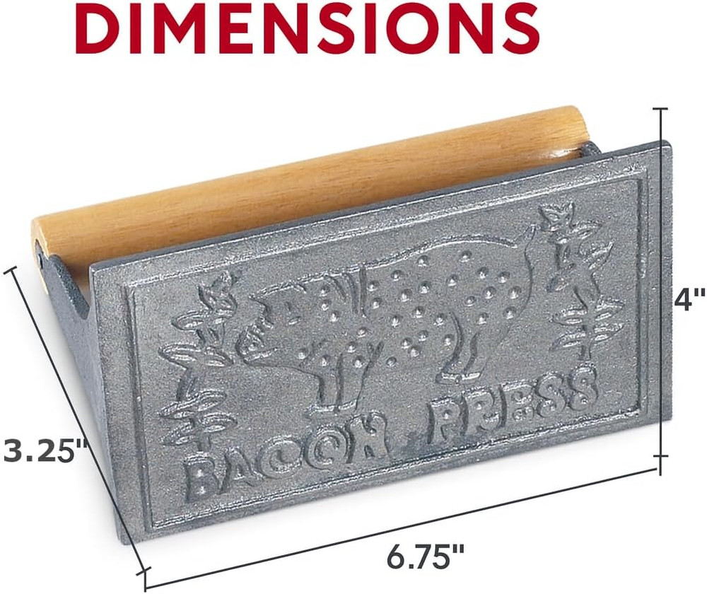 Heavyweight Cast Iron Bacon Press, Rectangular with Wood Handle, Stovetop Use