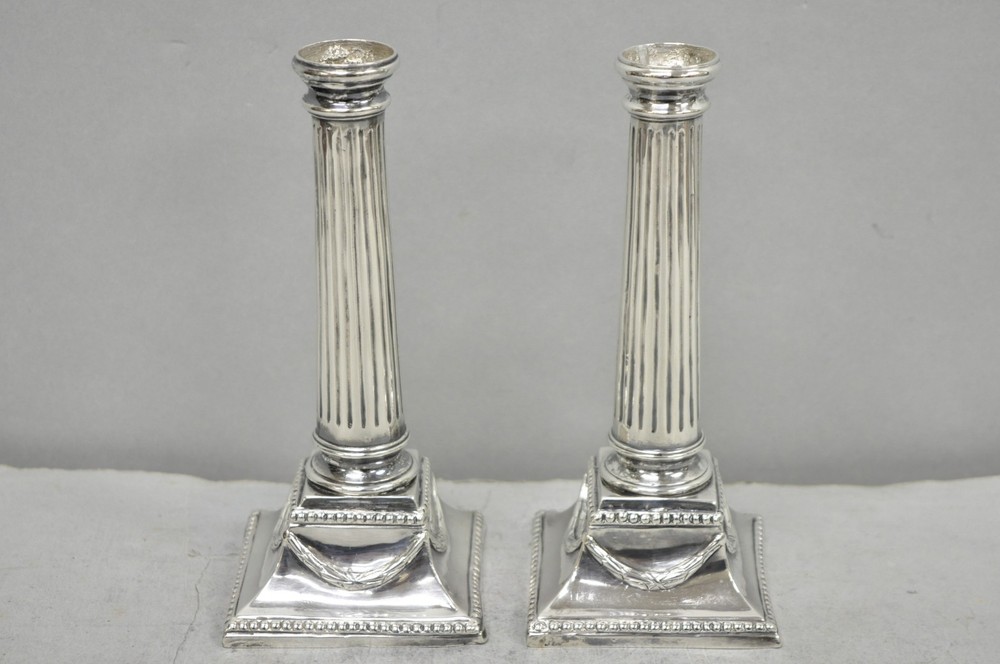 Vintage English Regency Silver Plated Classical Column Small Candlesticks - Pair