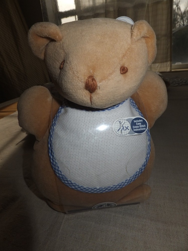 DMC Almost Done Stitch A Teddy Stuffed Musical Bear Blue Gingham w Bib Chart NEW